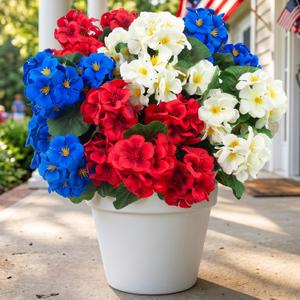 Hananona 6 Pcs Artificial Geranium Flowers for Outdoors Geranium Silk Flowers Outdoor UV Resistant Plants Faux Patriotic Flowers for 4th of July Home Kitchen Table Centerpieces Decor (6, Red/White/Blue)