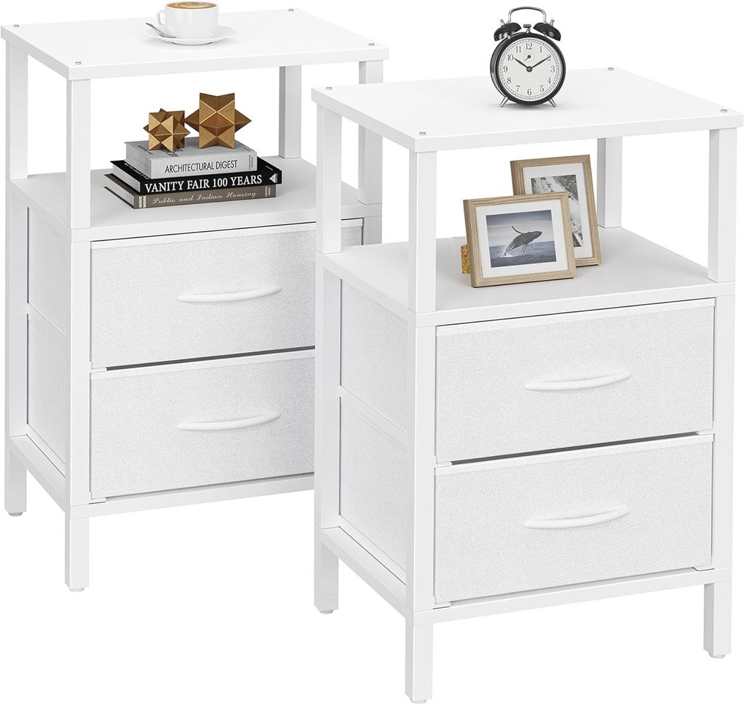 TUTOTAK End Table, Couch Side Table, Nightstand with Cloth Drawer, Set of 2, Bedside Table, White TB01BW066