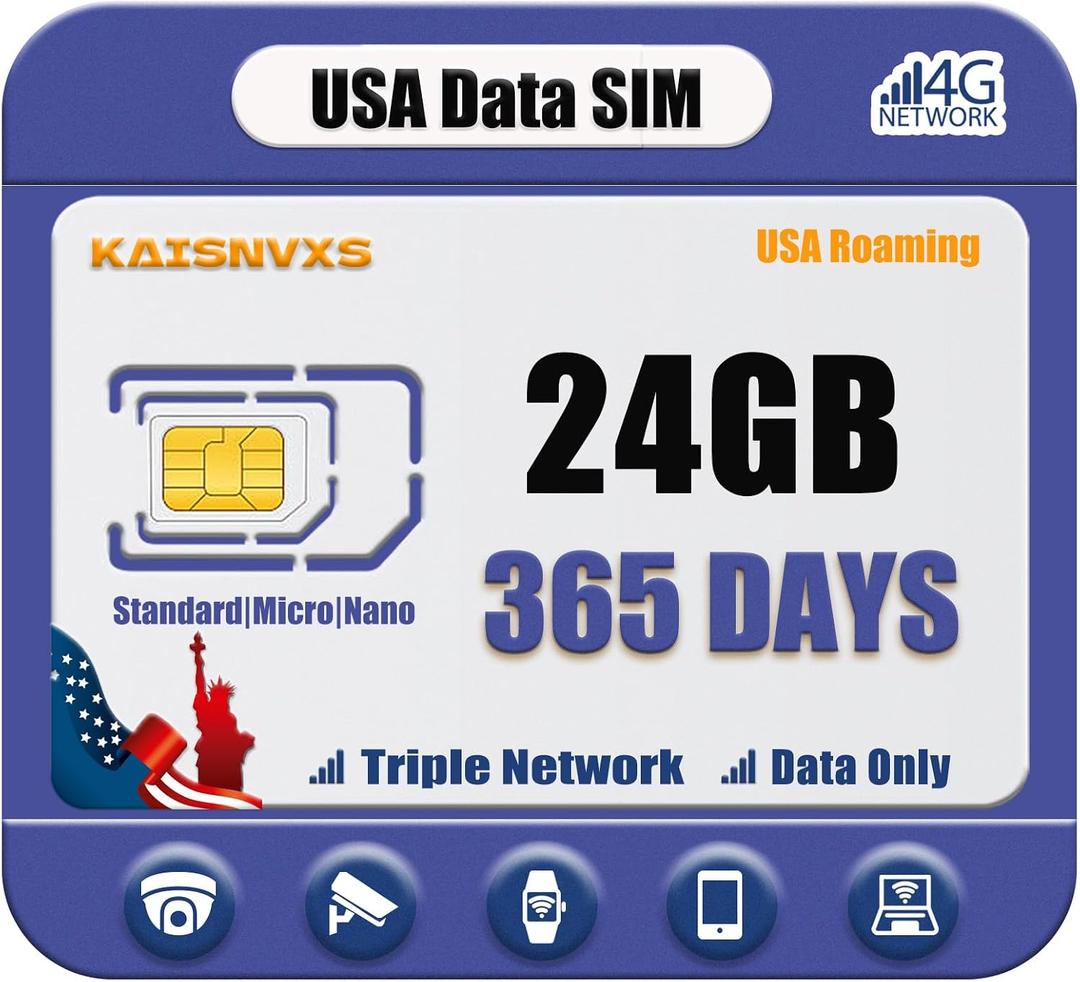 Upgraded Data Only SIM Card for Security Camera - 24GB High Speed Data Compatible with The USA Nationwide Networks for Unlocked 4G Cellular Cameras, Smart Watches, Tablet, 365 Days Data Service