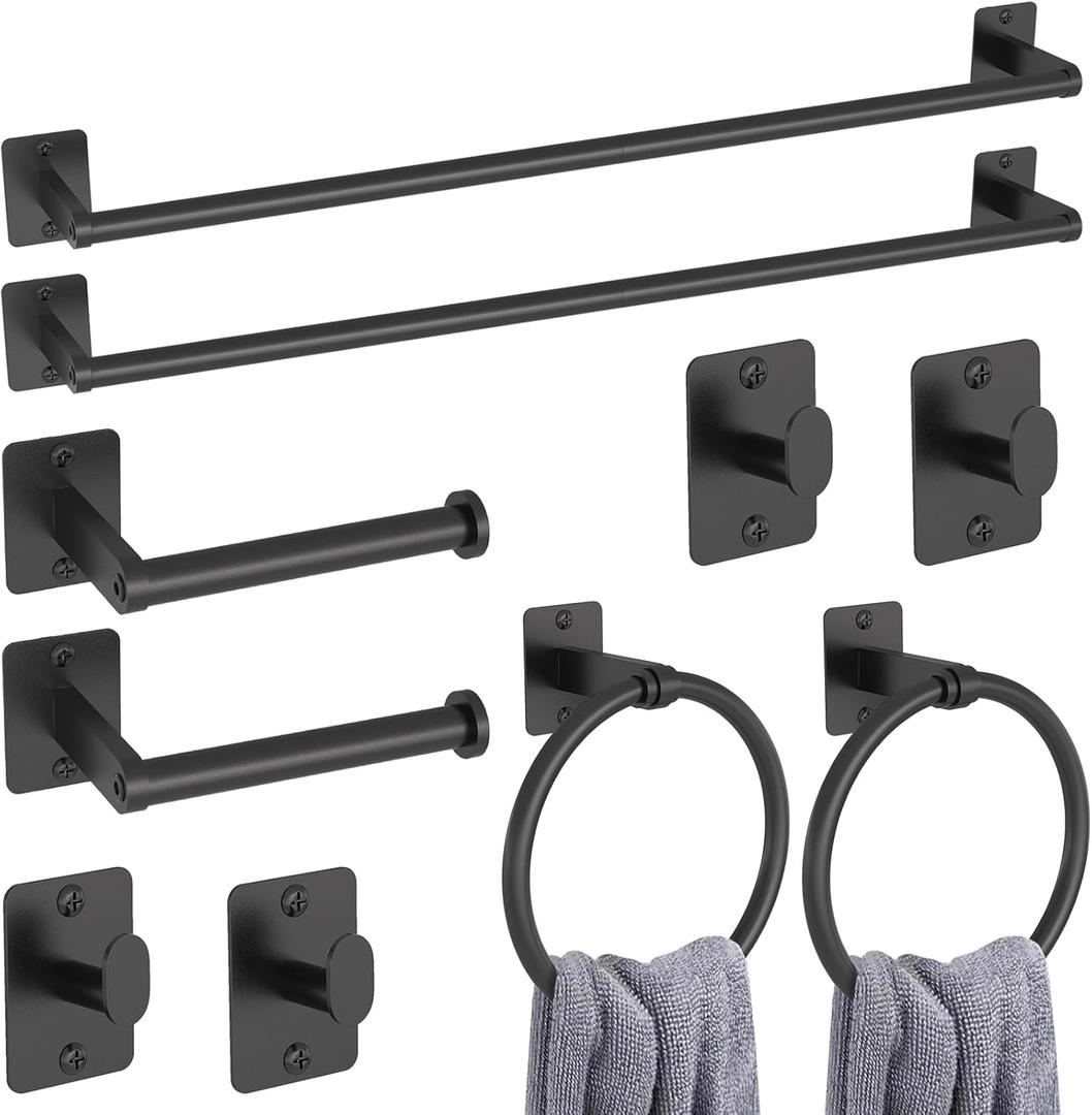 10 Pieces Bathroom Accessories Set, Bathroom Hardware Set, 24 inch Towel Bar, Towel Racks for Bathroom, Robe Towel Hooks, Toilet Paper Holder Wall Mounted, Matte Black