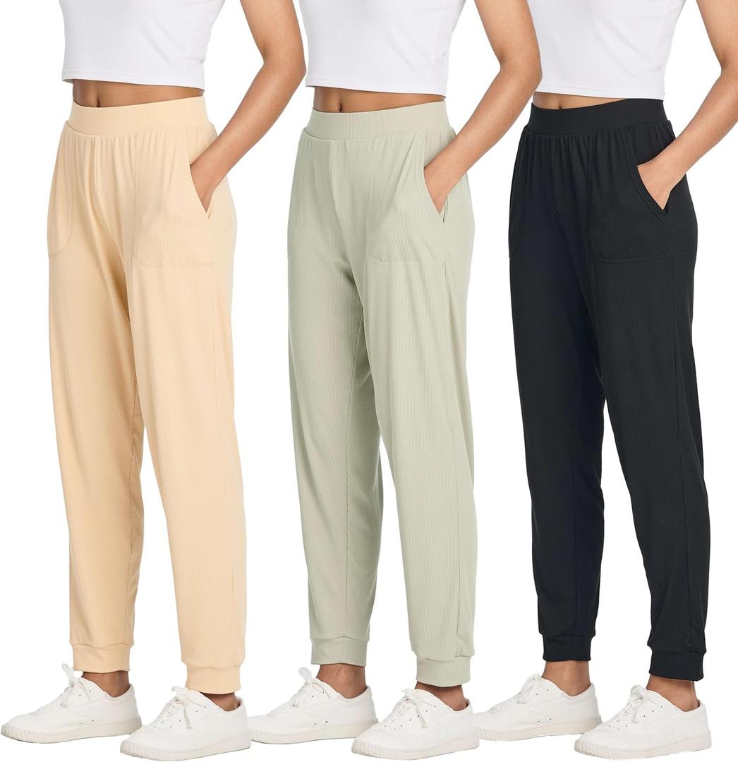 Real Essentials 3 Pack: Women's Ribbed Lounge Jogger Cuffed Yoga SweatpantsPockets  (Large)
