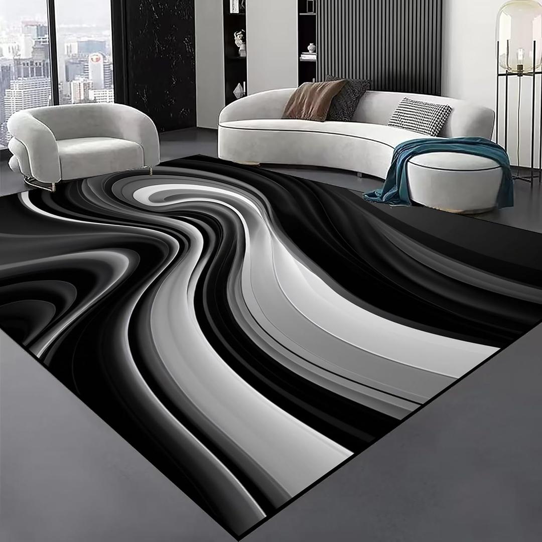 Modern Abstract Area Rug, 6x8ft Striking Black & White Wave Pattern Rugs for Contemporary Homes, Soft and Durable Floor Decor Carpet,Washable Carpet with Non-Slip Backing for Farmhouse Living Room