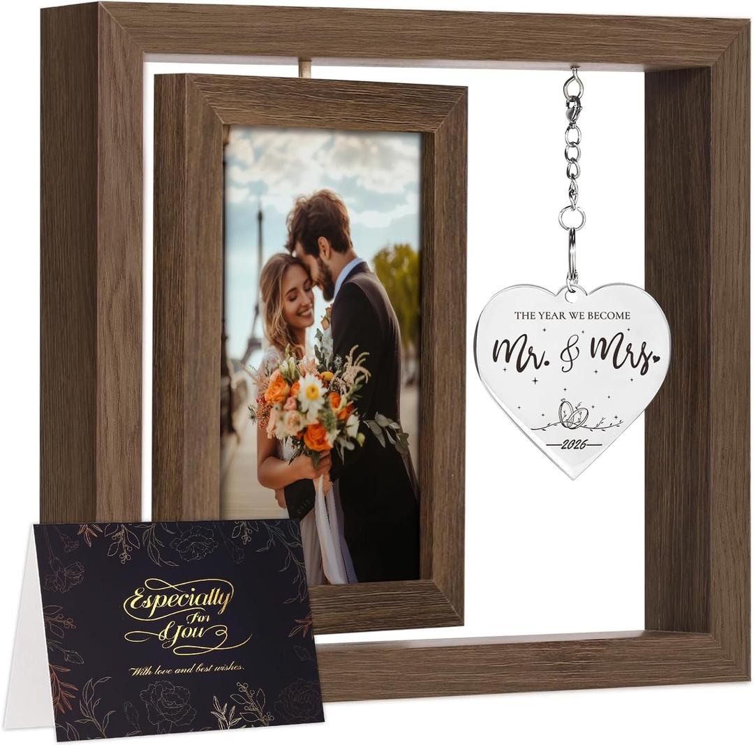 PIKPEOD Rotating Wedding 2026 Picture Frame 4x6  Bridal Shower & Engagement Gifts for Couples & Newlyweds  Mr & Mrs Personalized Gifts (brown)