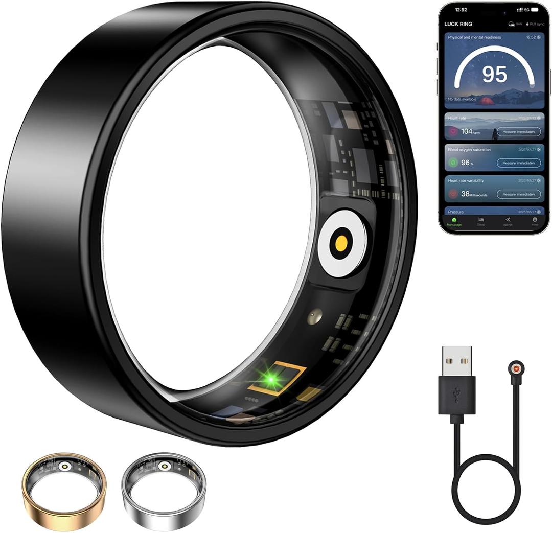Smart Ring for Women & Men, Fitness Tracker with Heart Rate, Blood Oxygen, Sleep Monitoring, Long-Lasting Battery, IP68 Waterproof, Compatible with iOS & Android (Black, #7)