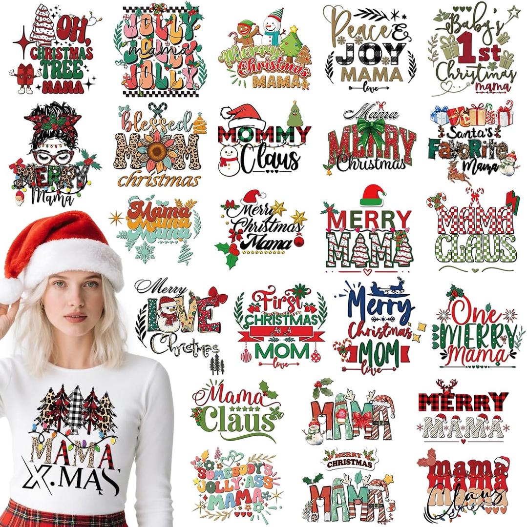 Dazoratix Christmas Iron on Transfers - 25 Sheets Mama Merry Xmas DTF Ready to Press Bulk Mom Heat Patches Viny Stickers Decals Women T Shirts Clothes Pillow Bag DIY Crafts Appliques Decorations Gifts