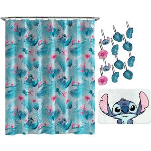 Jay Franco Disney Lilo & Stitch Floral Fun 14 Piece Bathroom Set - Includes Shower Curtain, 12 Hooks, & Non-Slip Bath Rug - Easy Care Fabric (Official Disney Product), Acrylic,Microfiber