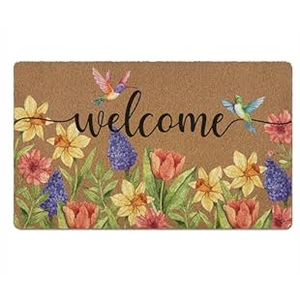 XLDLIOO Spring Door Mat, Colorful Floral Birds Doormats, Flower Welcome Front Door Mat Indoor Outdoor Entrance, Rustic Botanical Artificial Coir Doormat Rugs for Patio Entry Kitchen Decor 30x17in
