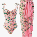 Womens One Piece Swimsuit with Cover Up Sarong Wrap Floral Bathing Suits 1 Piece Swim Suit with Beach Cover Up Set, L