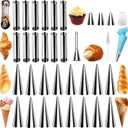 35pcs Cannoli Forms Tubes Kits, Cream Horn Mold, Non-stick Stainless Steel 16pcs Cone Shaped and 12pcs Tubular Shaped Baking Molds for Danish Pastry Lady Lock Form, Cream Roll, Croissant
