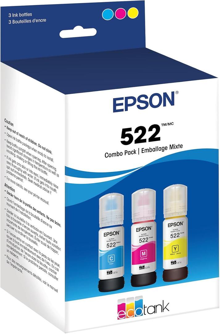EPSON 522 EcoTank Ink Ultra-high Capacity Bottle Color Combo Pack (T522520-S) Works with EcoTank ET-2720, ET-2800, ET-2803, ET-2840, ET-4700, ET-4800, ET-4810