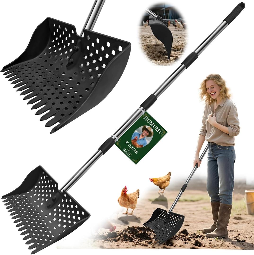12-Inch 2-in-1 Chicken Poop Scooper & Rake  US Patent Pending  3-Shape Sifting Holes Chicken Coop RakeStainless Steel Handle 2061" Litter Scoop Sand & Sifting Shovel for Chicken Coops (Black)