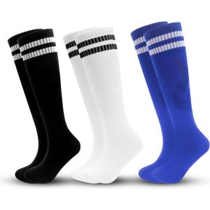 ZXOLDZX 3 Pairs Kids Soccer Socks Striped Knee High Tube Socks Football Uniform Sports Socks for Boys Girls 6-12 Years Old (One Size, 3Pairs-Black,White,Blue)