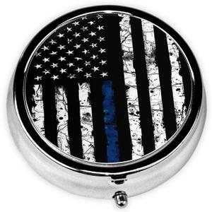 Pill Box, Small Pill Organizer with 3 Compartments and Mirror, Cute Round Portable Travel Metal Pill Case for Pocket or Purse, Privacy-Protecting Medicine Box-Black Blue Tree Leaves American Flag