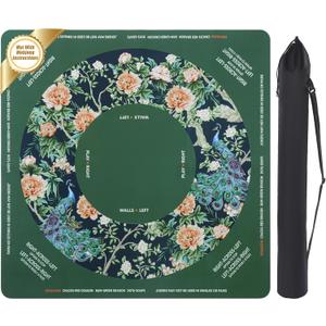 BALAPET Portable Mahjong Mat with Playing Instructions for Learning,Chinoiserie Peony Peacock Style Mahjong Mat for Table,Anti-Slip Noise Reduction Table Mat Cover for Board&Tile GamesGreen