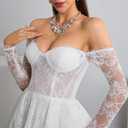 Women's Elegant Off-Shoulder Wedding Dress with French Lace Long Sleeves Floor-Length A-Line Bridal Gown for Engagement (White)