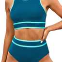 Yonique Women Sport Bikini Set for Teen Juniors Two Piece Swimsuit High Waisted Bathing Suit (Medium, Teal Colorblock)
