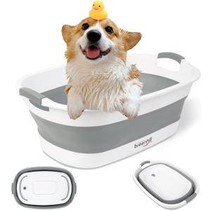 Collapsible Dog Bath Tub for Small Dogs & Cats, Portable Puppy Bath Tub with Water Drain Plug, Space Saving Foldable Pet Bathtub for Indoor & Outdoor Use, Grey