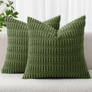 MIULEE Pack of 2 Spring Corduroy Decorative Throw Pillow Covers 18x18 Inch Soft Boho Striped Pillow Covers Modern Farmhouse Home Decor for Summer Sofa Living Room Couch Bed Moss Green