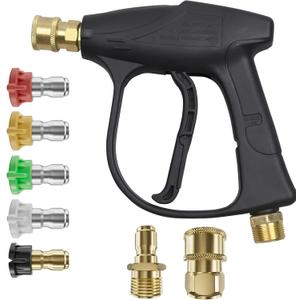 Short Pressure Wash Gun, 3000 PSI Power Wash Gun, High Pressure Washer Handlewith 3/8" Male 1/4" Quick Connect Fittings and 5 Colored Nozzle Tips for Garden Hose High Pressure Wash Gun