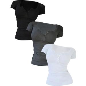 GORGLITTER Women's 3 Pack Ribbed Knit Textured Henley Shirt Sets V Neck Half Button Scoop Neck Short Sleeve Tee Tops (Black Grey White), Small