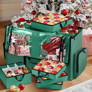 2-in-1 Christmas Ornament Storage Box, Christmas Storage Containers Organizer Bag with Dividers - Fits Xmas Holiday Ornaments Figurines and Pockets for Decoration(Green)