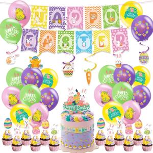 Happy Easter Balloons Banner Set,Balloons Garland Cupcake Toppers Kit Easters Bunny Eggs Decorations Supplies Included Strip Tape and Points Stickers (Happy Easter)