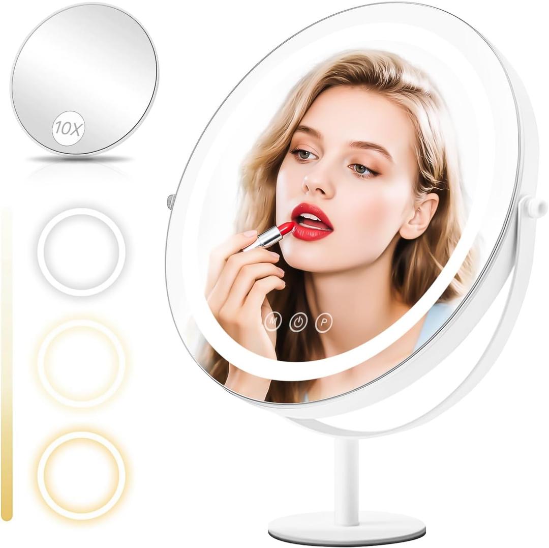 Makeup Mirror with Lights, Lighted Makeup Mirror with Magnification, 1x/10x, Large Round Vanity Mirror with Stand, 3 Color Modes, Brightness Adjustable, Smart Touch Control, Size: 15"L x 13"W