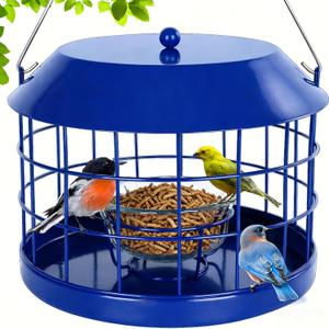 Gbekery Caged Bluebird Feeder for Mealworms with Glass Bowl, Squirrel Proof Bird Feeder for Small Birds Only, Detachable Hook, Large Space, Outdoors Weatherproof, Metal, Blue