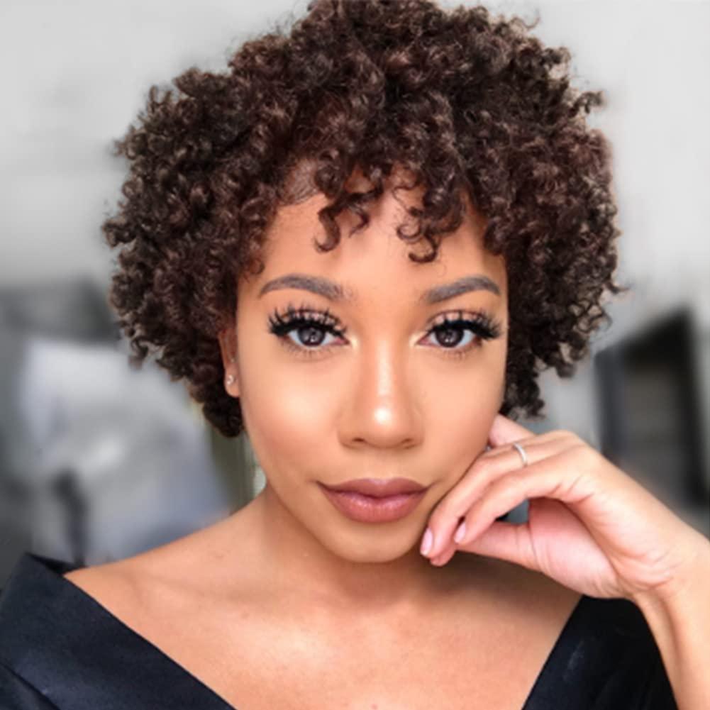 Dark Brown Color Afro Kinky Curly Short Curly Human Hair Wigs with Bangs Glueless Brazilian Virgin Hair Wigs for Black Women(2#)  