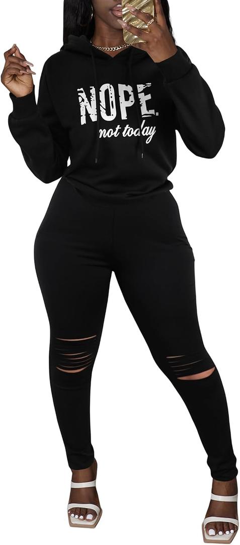 LovelyWholesale Women Sweatsuits 2 Piece Set Graphic Hoodie and Jogging Sets Black Small