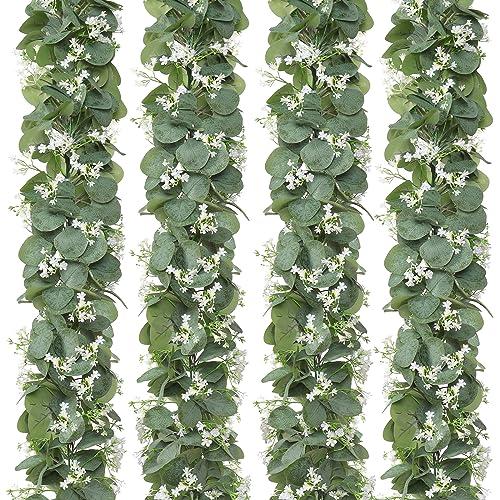 KHOYIME Eucalyptus Garland with White Flowers, 4 Packs 5.9Ft Artificial Silver Dollar Eucalyptus Leaves Plant Fake Greenery Hanging Ivy Vines Faux Wreath for Wedding Arch Party Mantle Table Home Decor