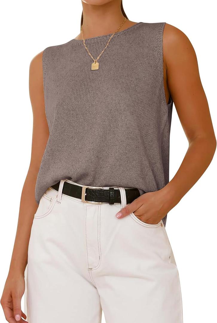 BTFBM Women's Sleeveless Sweater Vest 2025 Summer Crew Neck Ribbed Knit Lightweight Pullover Casual Loose Fit Tank Tops (Medium, Apricot Khaki)