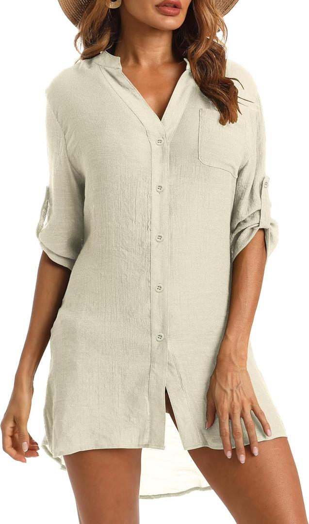 Swimsuit Coverup for Women 2024, V-Neck Beach Button Down Bikini Cover Ups Knee-Above Shirt Tops (XL, Light Yellow)