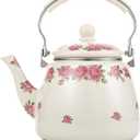 Tea Kettle Pot for Stove Top,Porcelain Large Enamel Teakettle,3.3L Colorful Teapot Floral Ceramic for Stovetop,Retro Classic Design (Ivory)