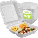 9x9 Clamshell Food Containers, 100 Pack Disposable Take Out Food Container With 3 Compartments, Compostable To Go Boxes, Eco Friendly To Go Containers With White Bagasse