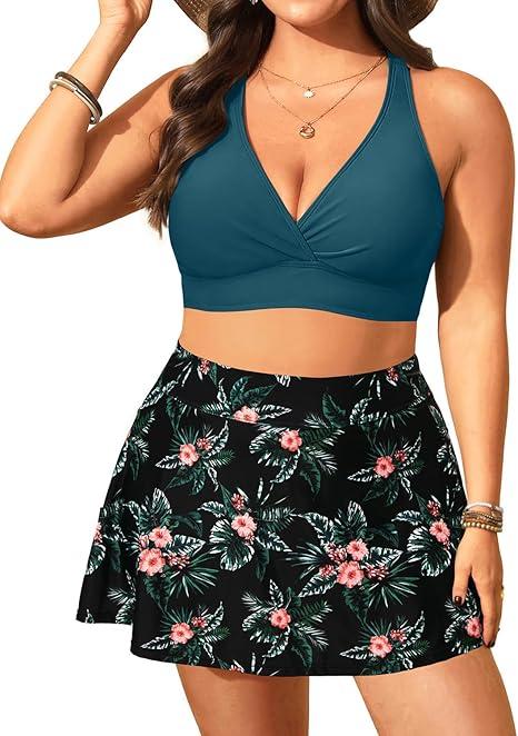 Women's Plus Size High Waisted Bikini - Two Piece Swimsuit with Skirt 2025 Tummy Control Bathing Suit with Pocket Green and Flower, Size: 16W