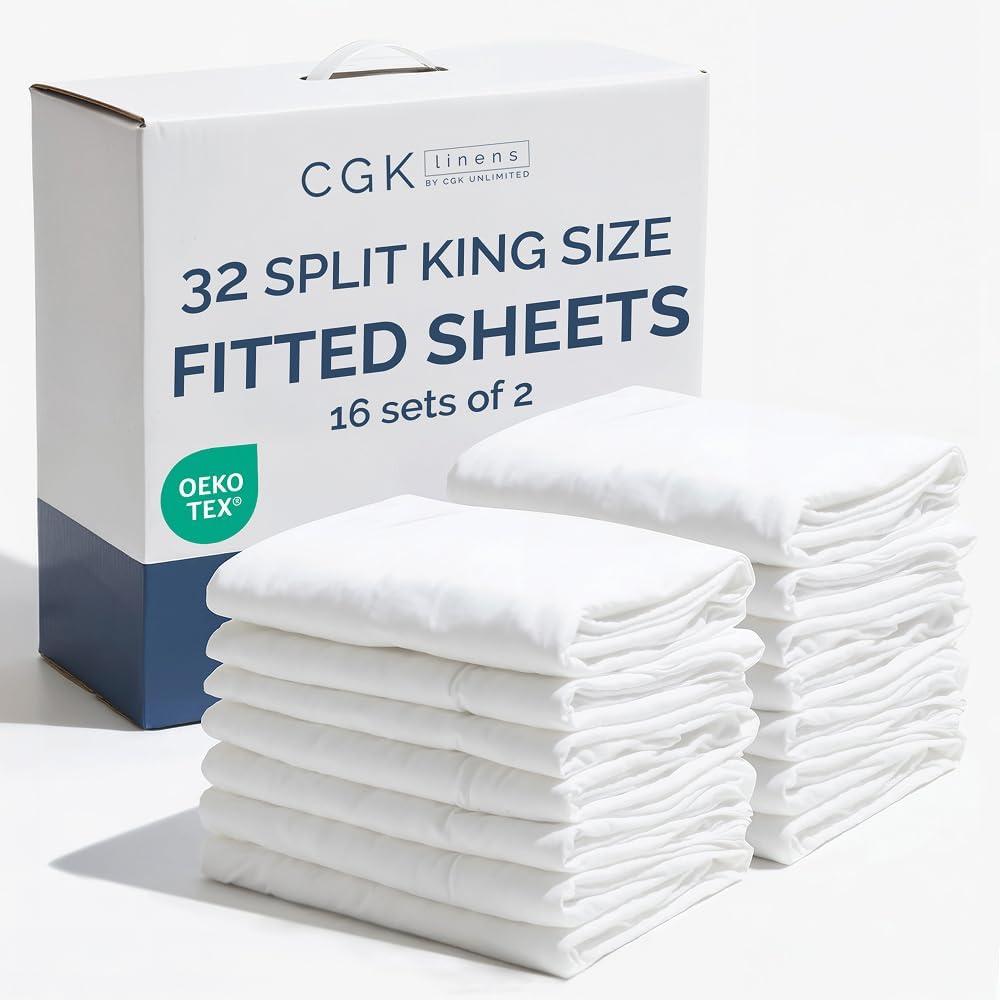 Bulk Case Pack of 16 Fitted Sheets - (16) Split King Size Fitted Sheets with Deep Pockets - Wholesale Bulk Bedding for Hotels, Spas & Airbnbs - Breathable, Cooling & Wrinkle Free - (Split King, White)