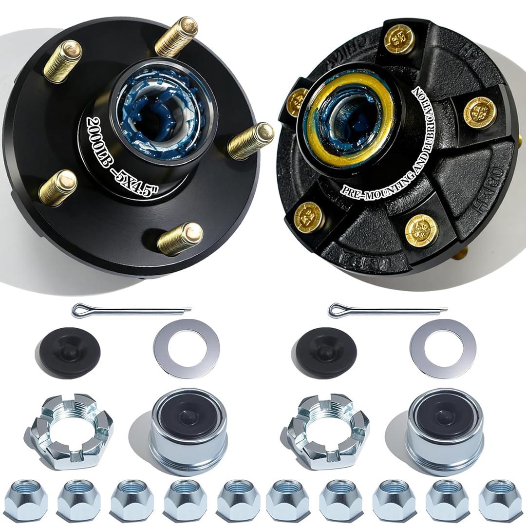 2 Sets Pre-Iubricated Trailer Hub Kits 5 on 4.5'' for 2000 lbs 1-1/16'' Straight Spindle,Pre-Installed L44649 Bearings and 1.25" ID Grease Seals 5x4.5 Trailer Idler Hub Kit 5 Lug Bolt Wheel Hubs