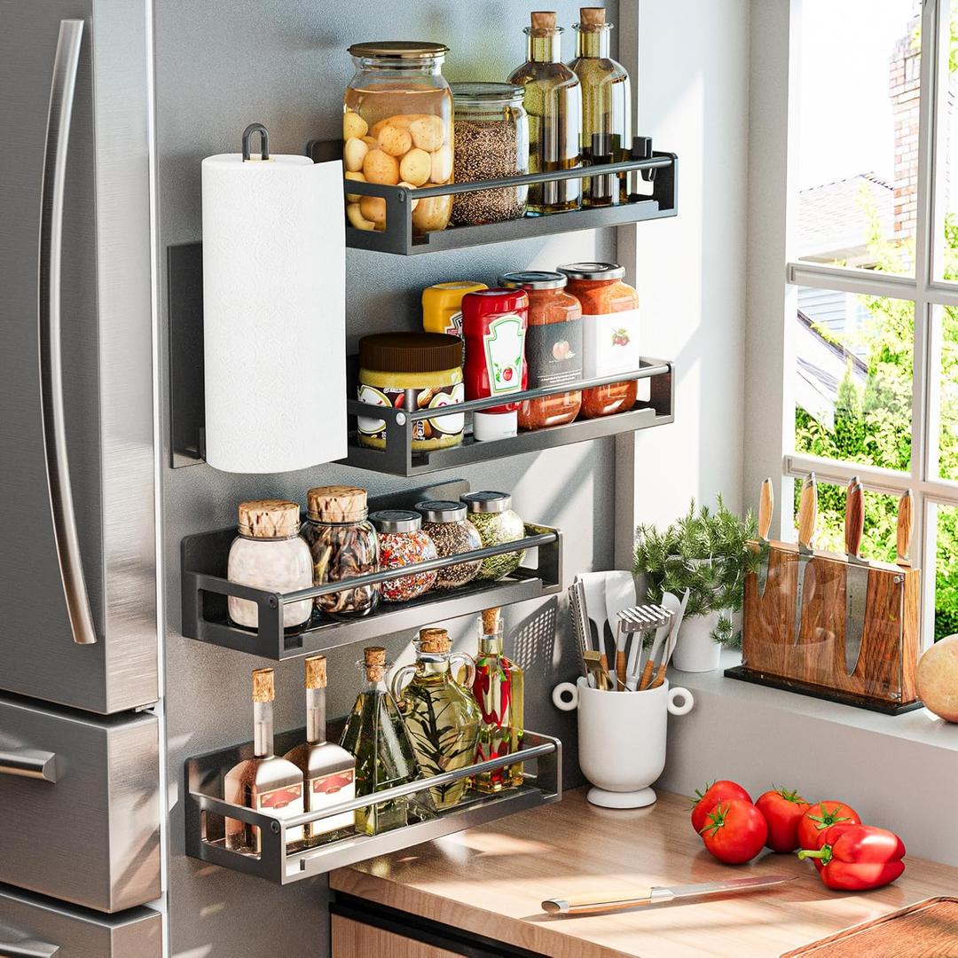 5 Pack Magnetic Spice Storage Rack Organizer for Refrigerator and Oven, Black Fridge Organizers and Storage, Paper towel holder, Punch and no-punch dual purpose (Black)