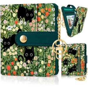 Black Cat Floral Rfid Women Wallet, Small Slim Thin Credit Card Wallet, PU Leather Bifold Cash Zipper Coin Pocket ID Window for Female Ladies Teen Girls Girly