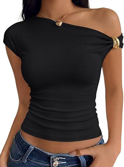 Trendy Queen Womens Off The Shoulder Tops Going Out Cap Sleeve Y2k Fashion Sexy Ruched Crop Shirts Cute Summer Blouses 2026 Black Small