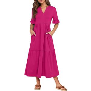 ANRABESS Womens Summer Maxi Dresses Casual Ruffle Short Sleeve V Neck Flowy Tiered 2026 Spring T Shirts Beach Boho Dress (Rose) 
X-Large