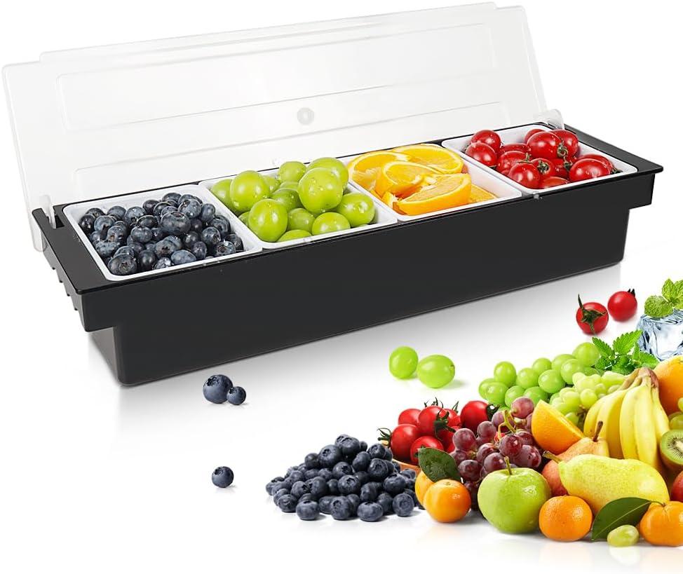 Condiment Garnish Tray Caddy For Bartenders,Bar Garnish Fruit Caddy With Lid,Plastic Condiment Container For Bartending,Outside Parties(4 Compartment)