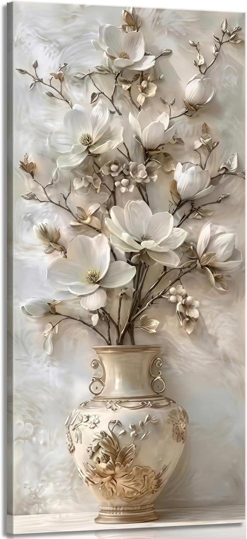 Large White Floral Canvas Wall Art Gold Vase Flower Painting Picture Wall Decor Flowers Botanical Poster Print Artwork for Living Room Bedroom Hallway Office