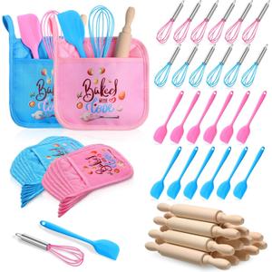 RoundFunny 48 Pcs Kids Mini Baking Supplies with Kitchen Utensil, Pot Holders, Spatula, Rolling Pin, Whisk for Kids Classroom School Exchange Party Favors (Medium)