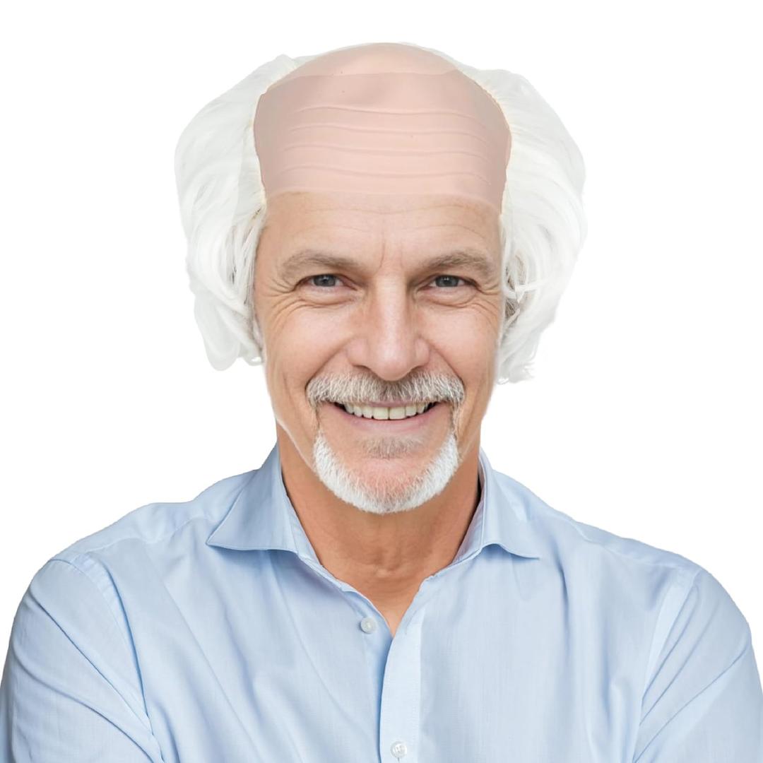Miss U Hair Old Man Wig White Bald Cap With Hair On Sides Balding Wig Grandpa Halloween Cosplay Costume Wigs