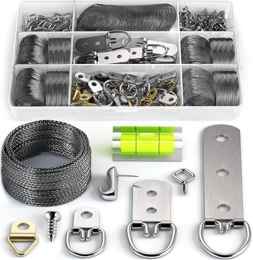 Picture Wire Hanging Kit 100+ Pieces - D-Ring, Screws, Hanging Hooks,Level. Supports up to 50 lbs 120+ Feet(38 M) Stainless Steel Wire Hanger | Comes with Solid Box Picture Wire Hanging Kit 100+ Pieces - D-Ring, Screws, Hanging Hooks,Level. Supports up to 50 lbs 120+ Feet(38 M) Stainless Steel Wire Hanger | Comes with Solid Box