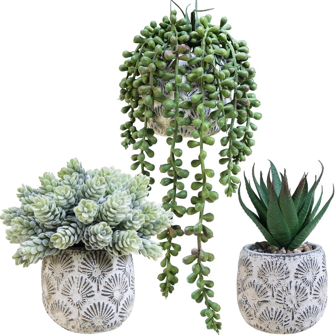 Winlyn Set of 3 Artificial Potted Succulent Plants Faux Aloe Hops String of Pearls in Rustic Concrete Planter Small Fake Desk Plants for Farmhouse Desk Kitchen Bathroom Shelf Windowsill Greenery Decor