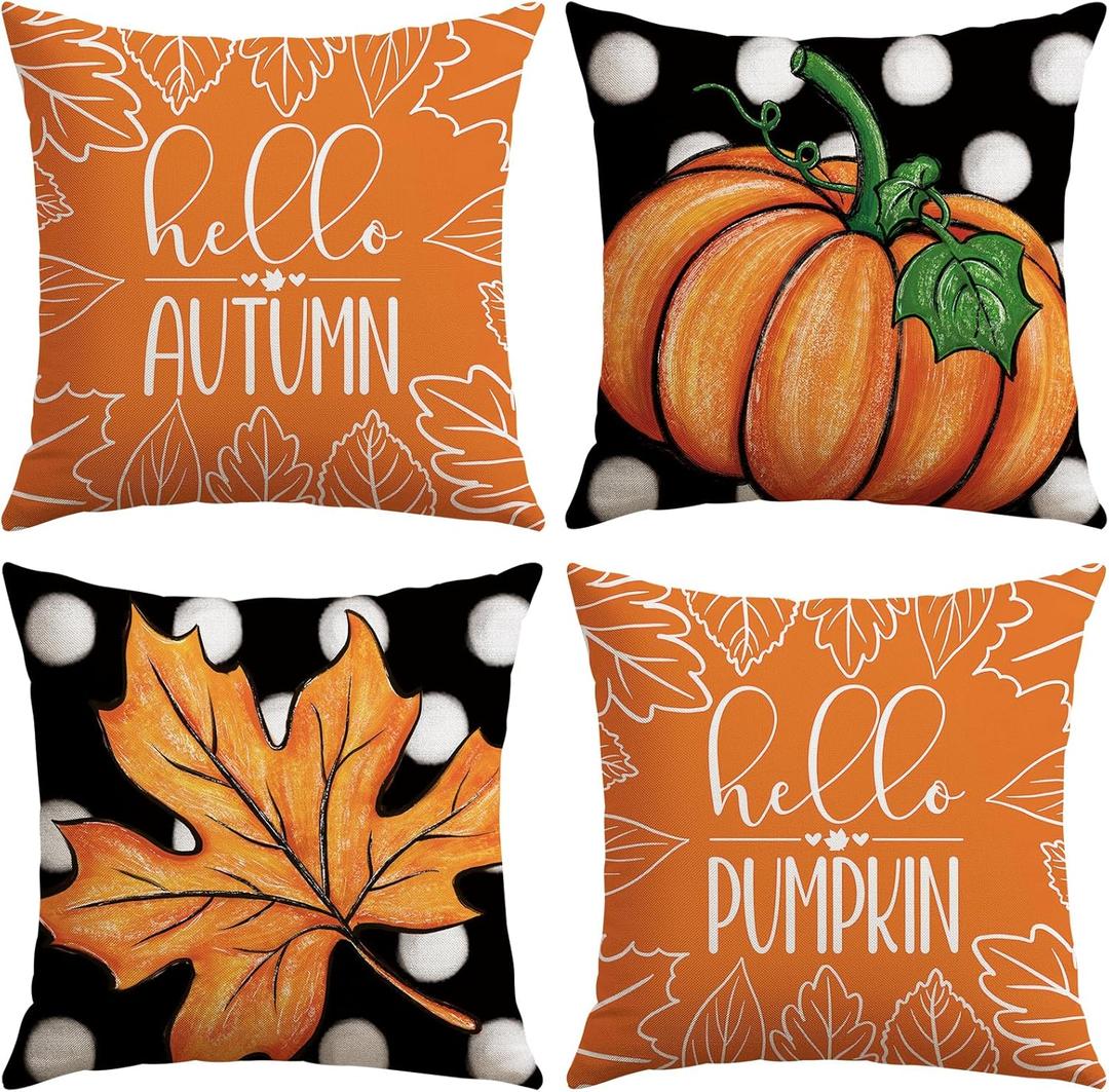 2 x Artscope Fall Decorative Throw Pillow Covers 20x20 Inch Set of 4 Fall Gifts for Home Decor, Autumn Pumpkin Maple Leaves Harvest Decoration Pillow Cases for Home Sofa Couch Decor-Orange D