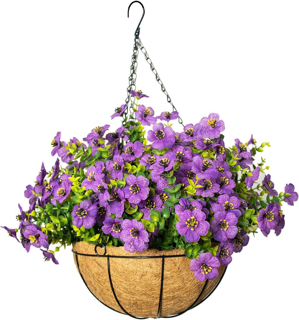 Artificial Hanging Flowers for Outdoors with Basket,UV Resistant Realistic Faux Hanging Plants Outdoor Artificial Flowers for Outdoors Basket for Yard Porch Patio Garden Home Decor,12 Bundles(Purple)
